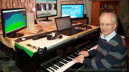 Clifford Evans at the piano in his online Zoom studio